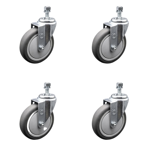 5 Inch SS Thermoplastic Rubber Wheel Swivel 1/2 Inch Threaded Stem Caster Set SCC